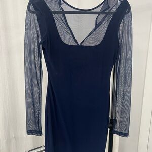Elegant Navy Blue Sheer Sleeve Dress